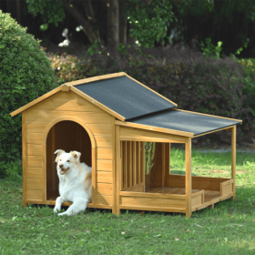 60.2 Large Wooden Dog House With Porch, Cabin Style Dog Crate With Asphalt Roof And Elevated Floor, Dog Kennel With Side Window And Doors, Perfect For
