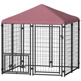 Welded Wire Outdoor Dog Kennel With 360 Rotating & 4 Levels Adjustable Bowls, Waterproof Cover, 4.6 X 4.6 X 5